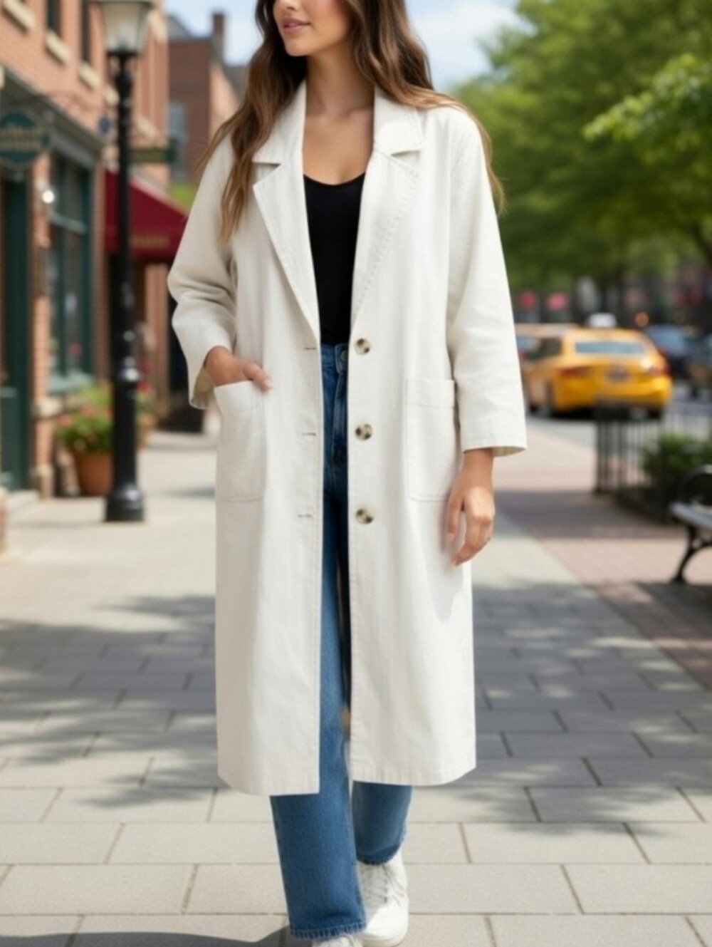 White Button Front Long Denim Casual Overcoat Size L/XL